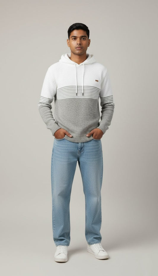 Men's Woolen Knitted Winter Hoodie – White & Grey Colorblock