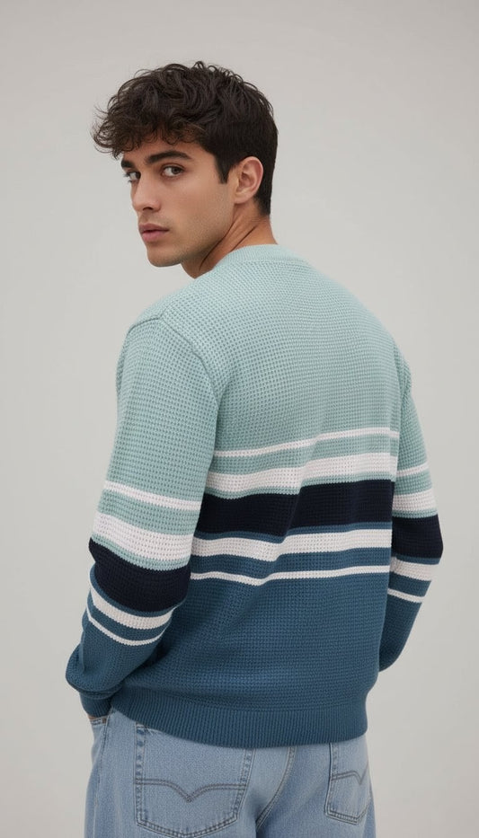 Men's Woolen Knitted Winter Sweater – Multi-Stripe Teal & Blue Design