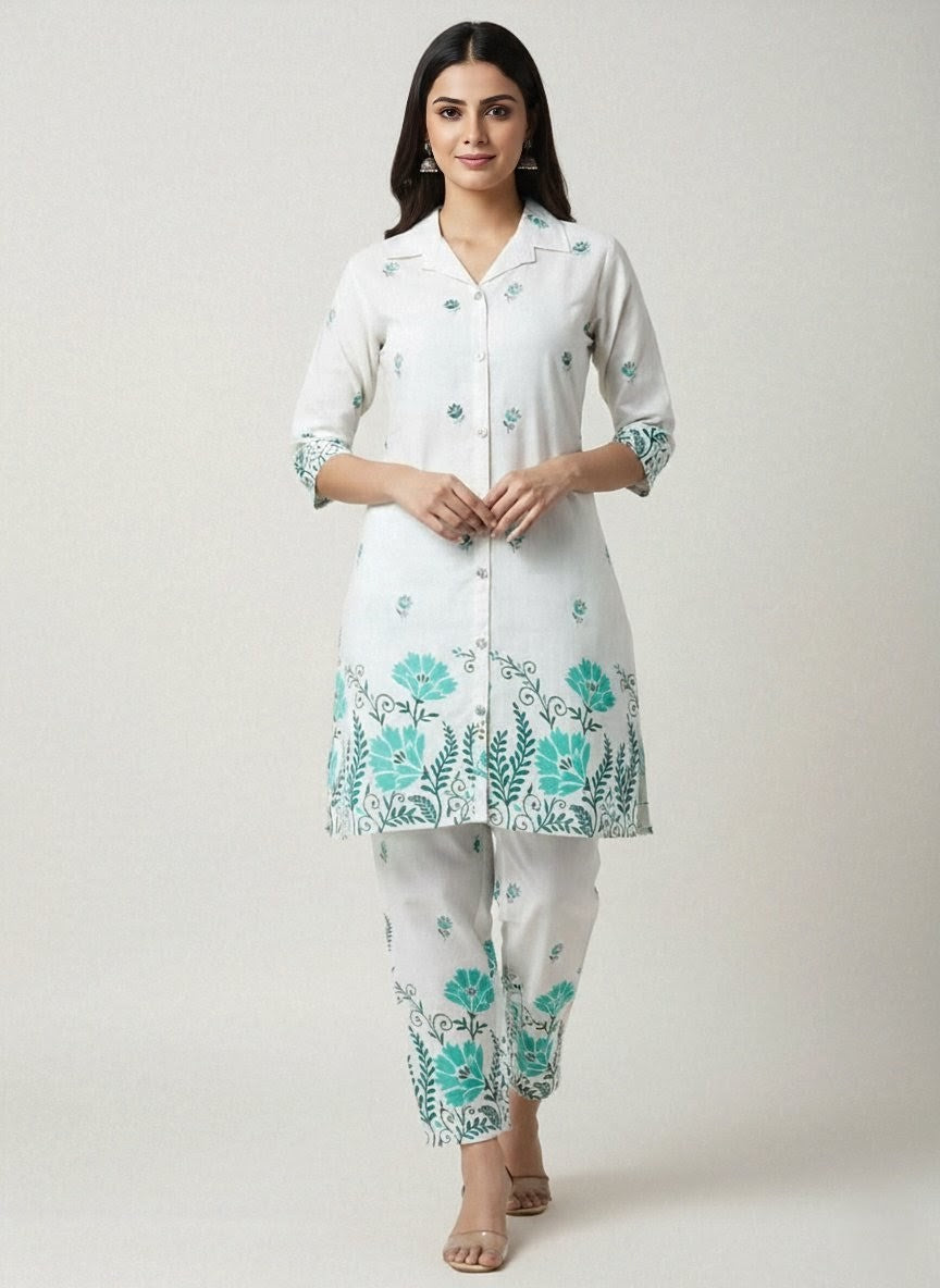 β¨ Elegant White Cotton Kurti Pajama with Turquoise Floral Prints πΈπ