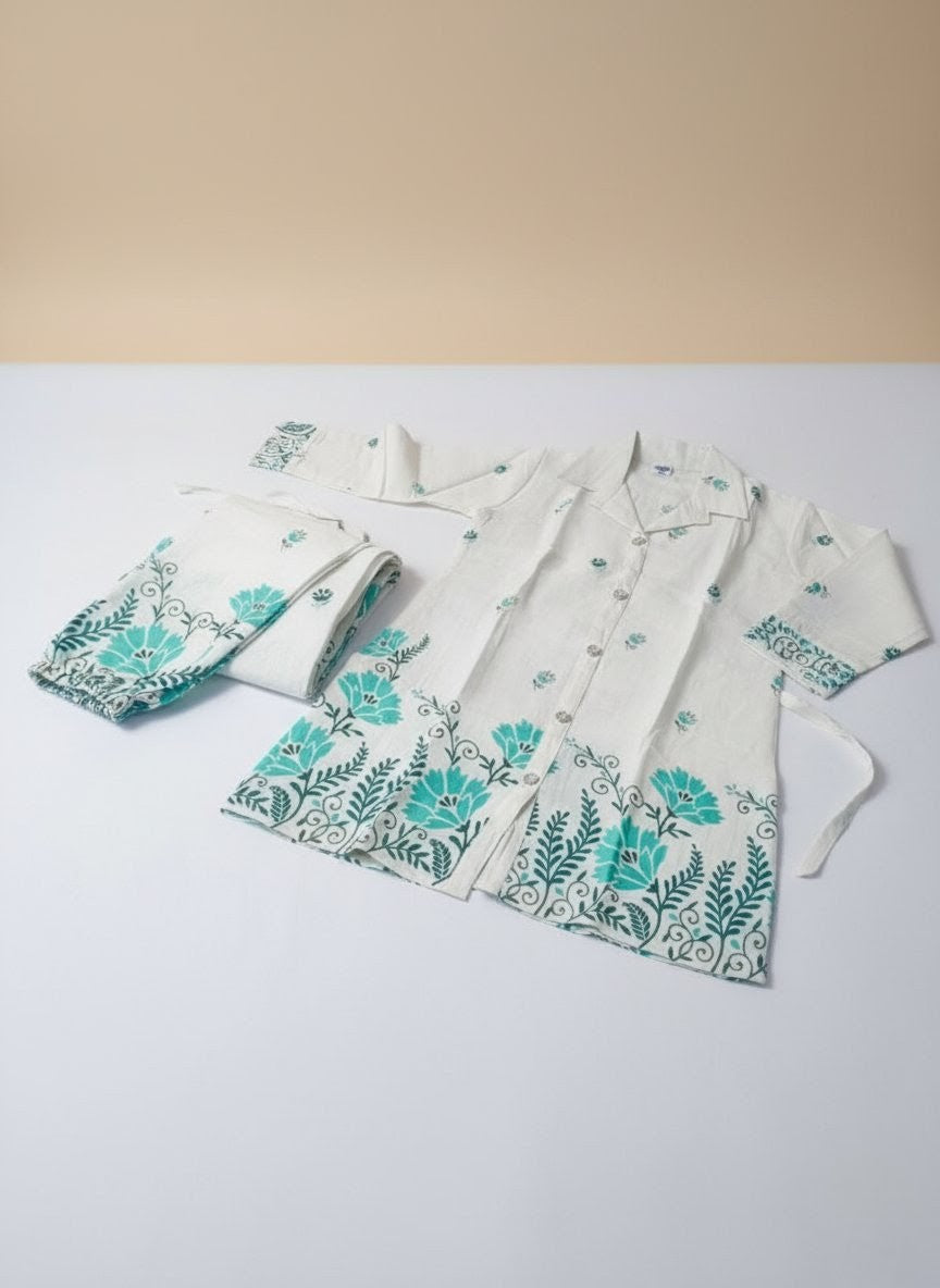✨ Elegant White Cotton Kurti Pajama with Turquoise Floral Prints 🌸👕