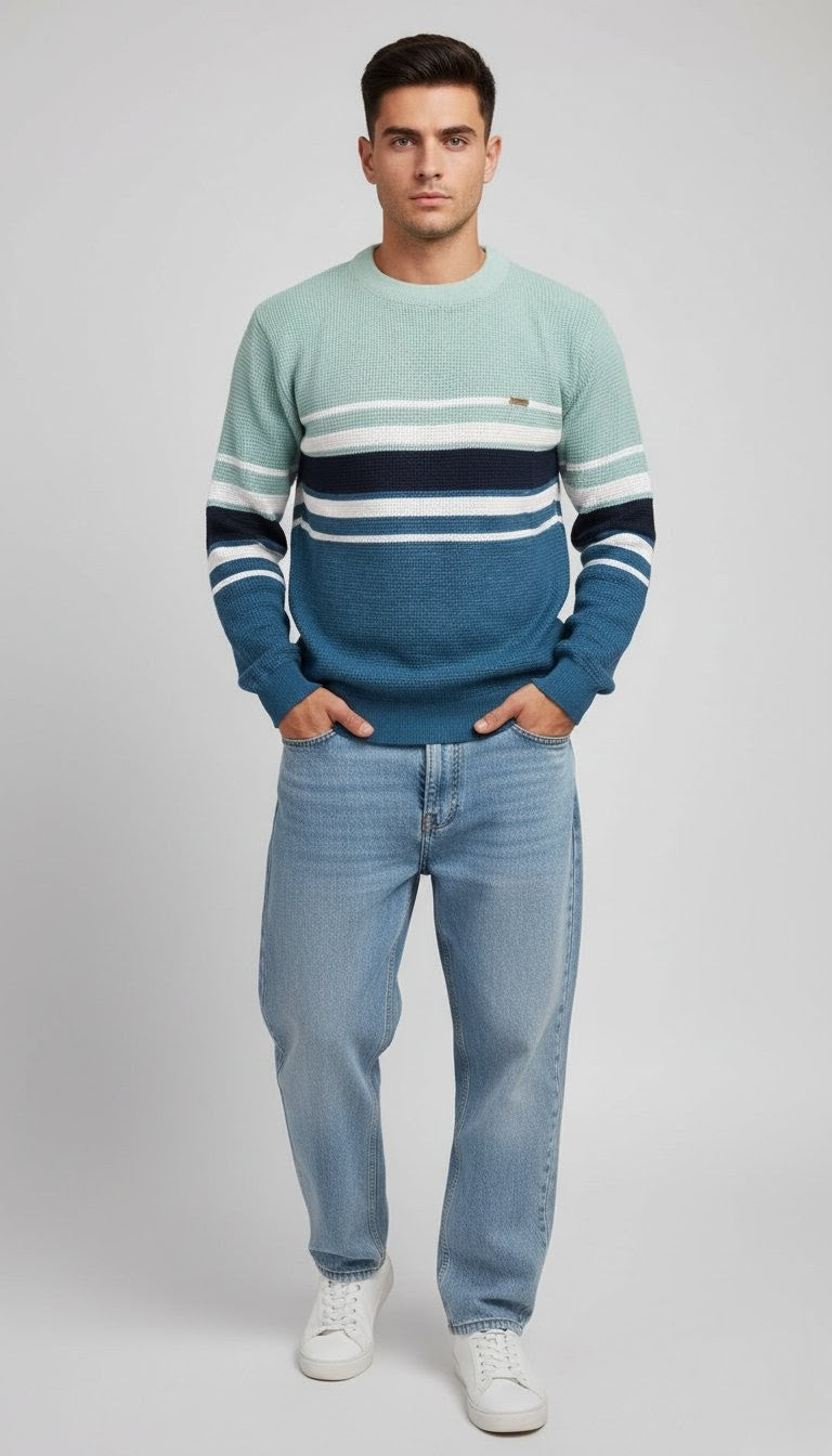 Men's Woolen Knitted Winter Sweater – Multi-Stripe Teal & Blue Design
