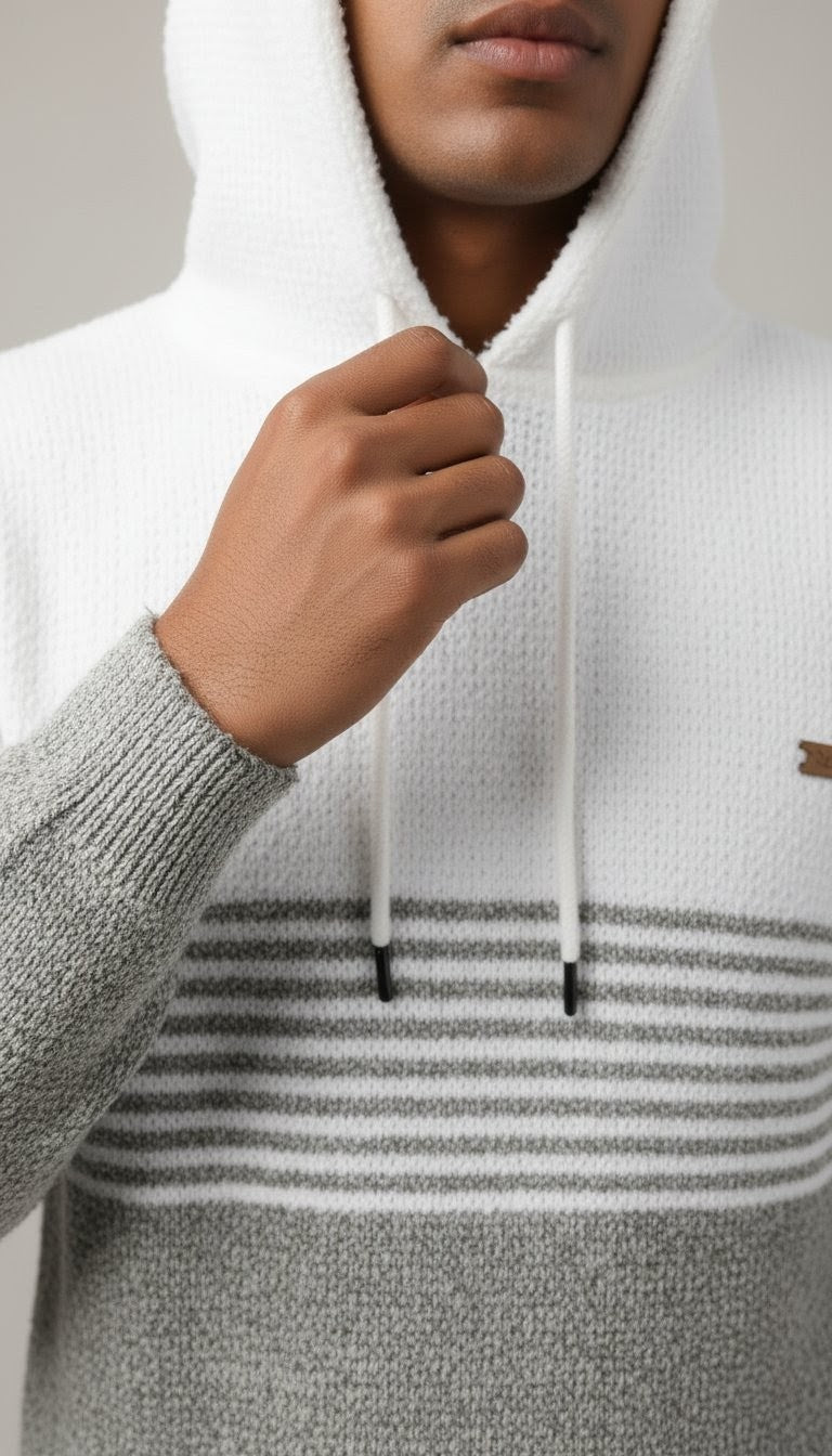 Men's Woolen Knitted Winter Hoodie – White & Grey Colorblock
