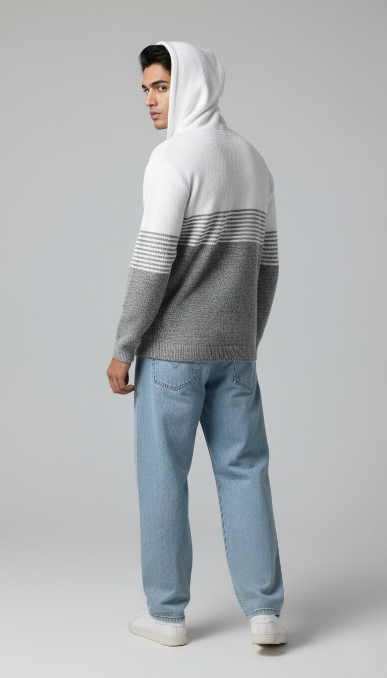 Men's Woolen Knitted Winter Hoodie – White & Grey Colorblock