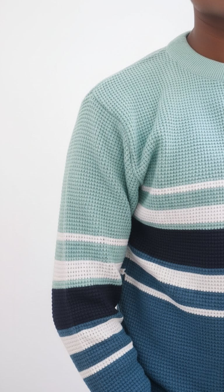 Men's Woolen Knitted Winter Sweater – Multi-Stripe Teal & Blue Design