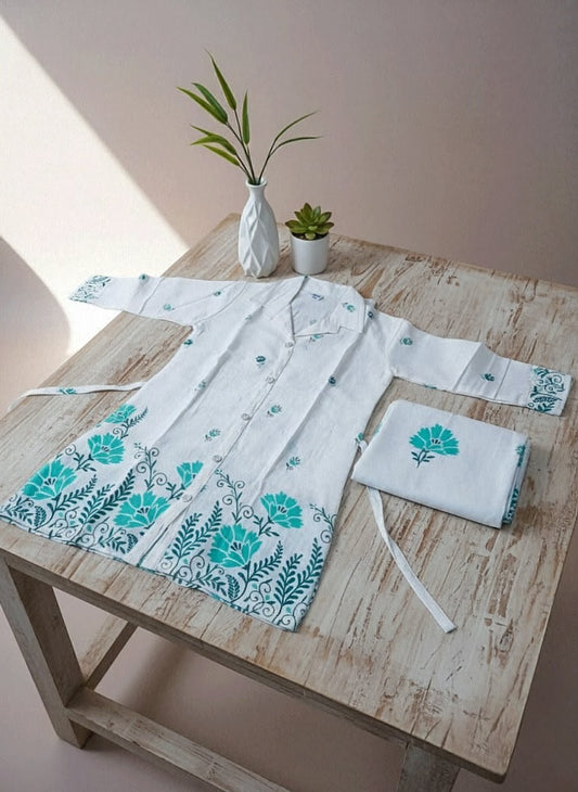 ✨ Elegant White Cotton Kurti Pajama with Turquoise Floral Prints 🌸👕